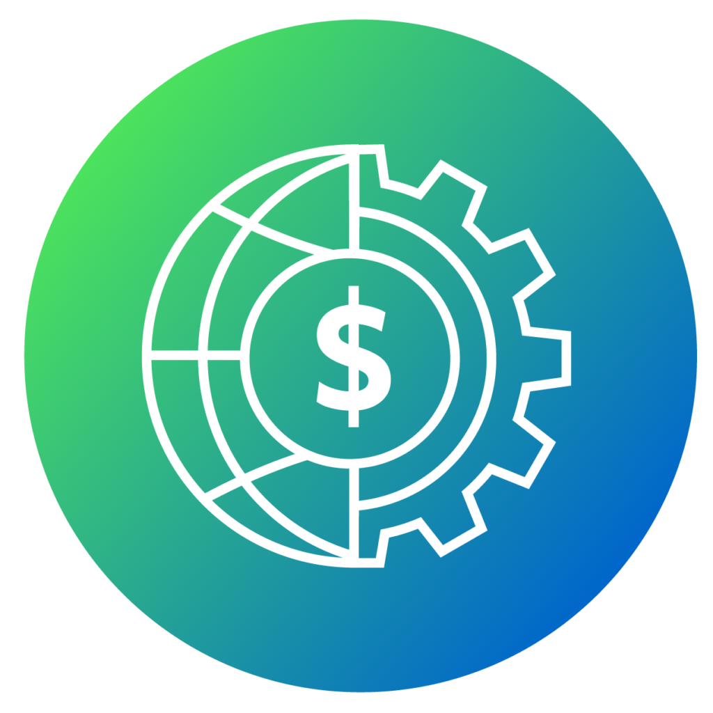 Neon green to blue circle gradient with white outlined icon of network, money, and productivity.