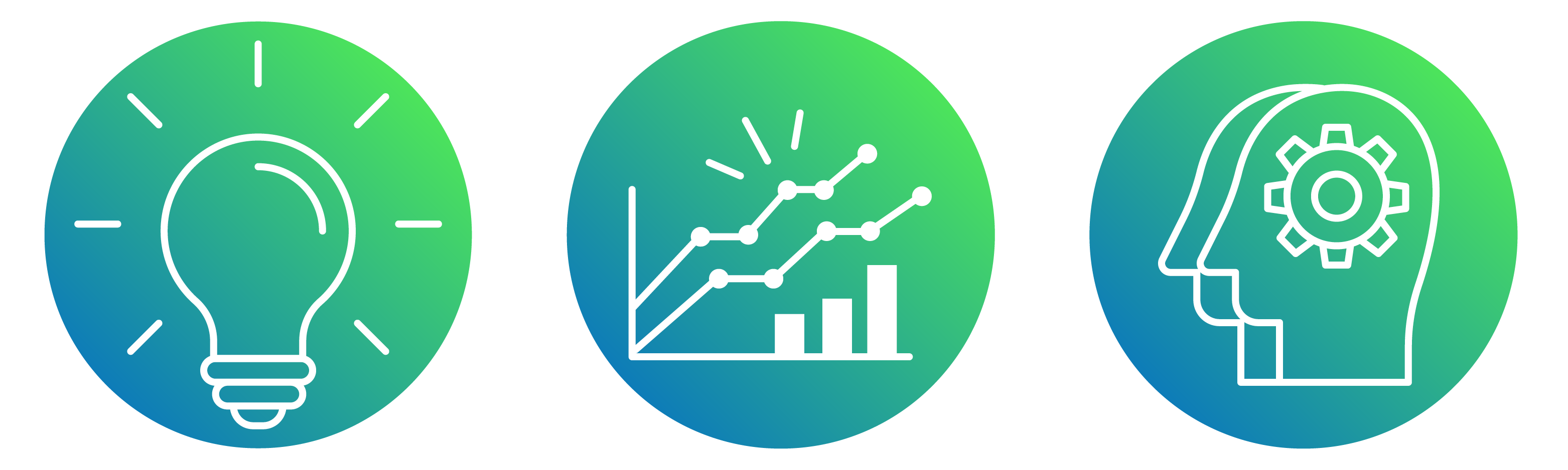 Three circular gradient icons representing lightbulb for idea, graphs and charts for research, and gears in a head to representing changing processes.