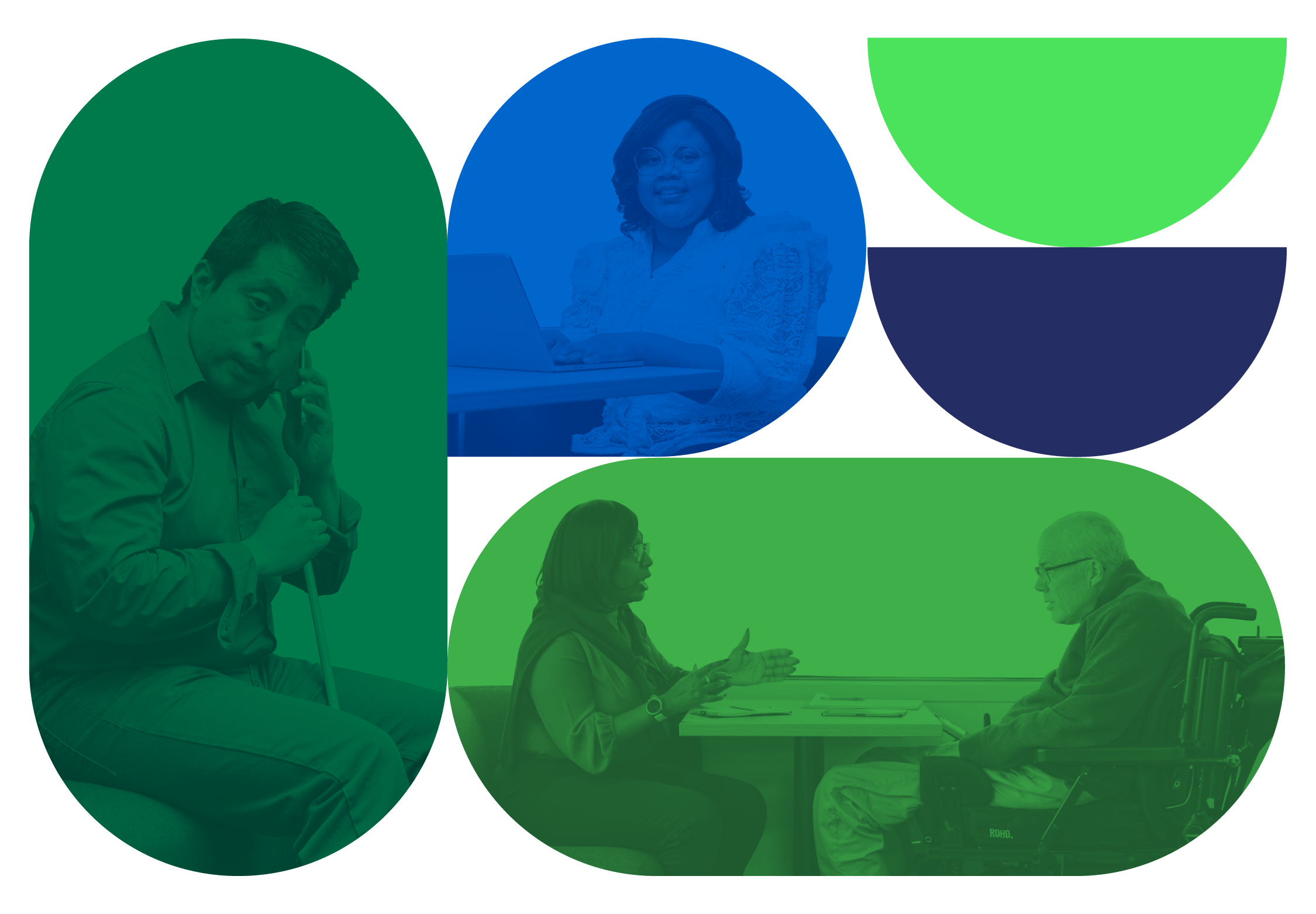 Various round shapes in blues and greens stacked in tetris style, with each shape showing a business professional with a disability engaging with technology and others.