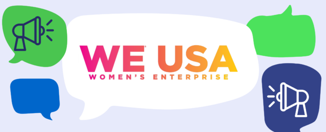WE USA logo in speech bubble with various green and blue speech bubbles and media icons.