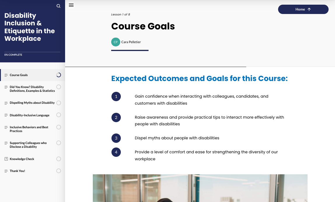 Example of eLearning Course with sections on the left and course materials on the right.