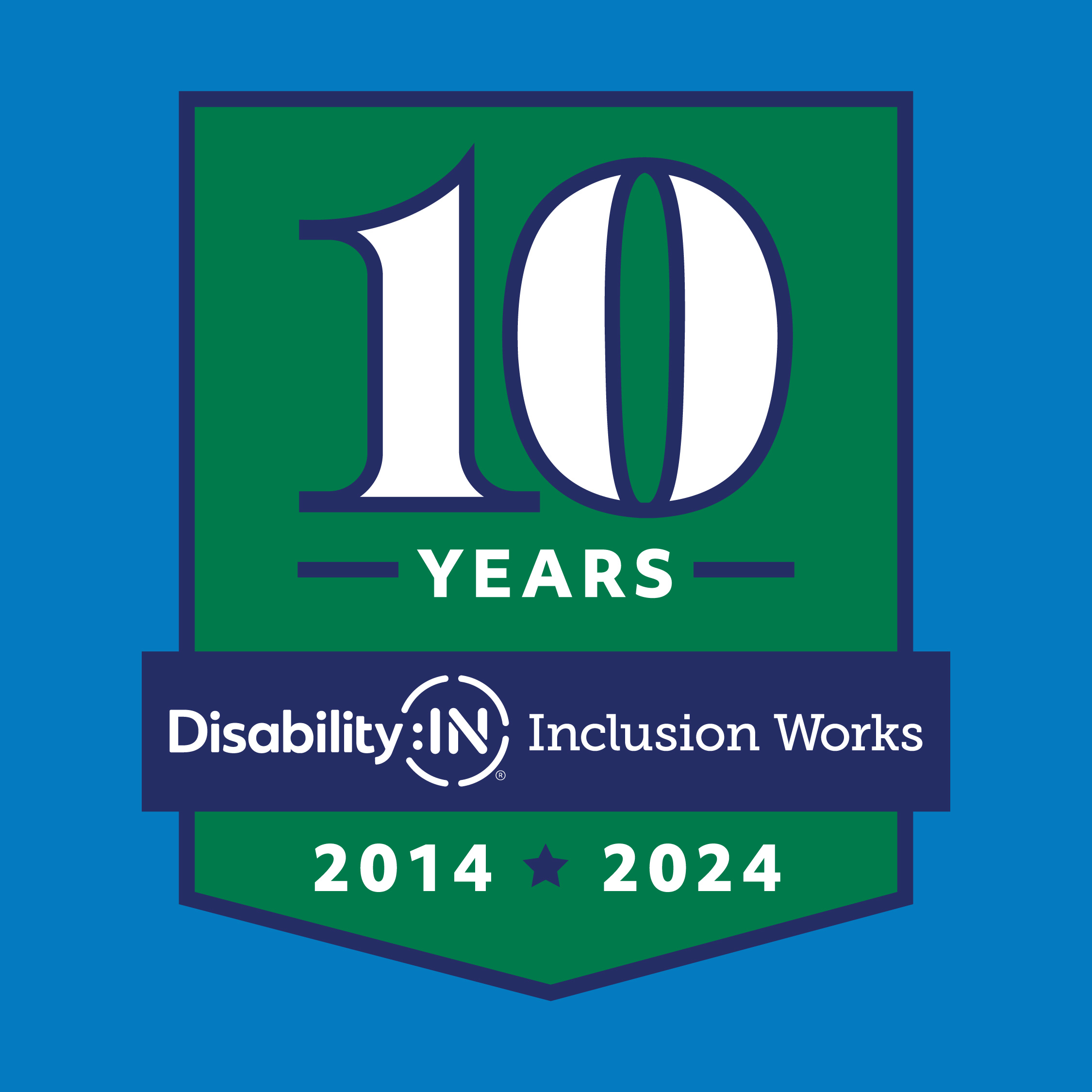 Geometric green and navy blue badge that reads 10 Years of Disability:IN Inclusion Works, 2014-2024.