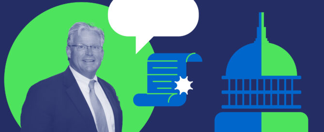 Ted Kennedy, Jr. in a navy blue overlay against a neon green circle with legal icons and a speech bubble.