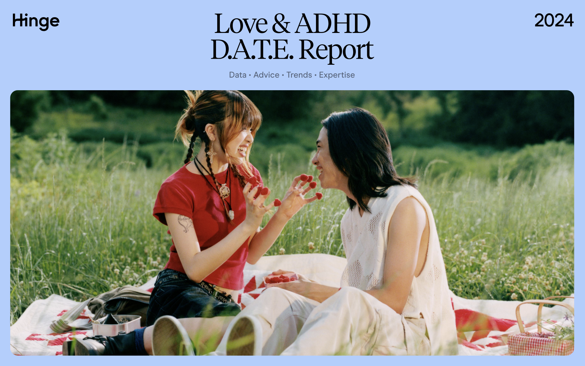 Hinge 2024 Love & ADHD D.A.T.E. Report (Data, Advice, Trends, Expertise). Two women sit outdoors on a picnic blanket laughing and playing with berries.