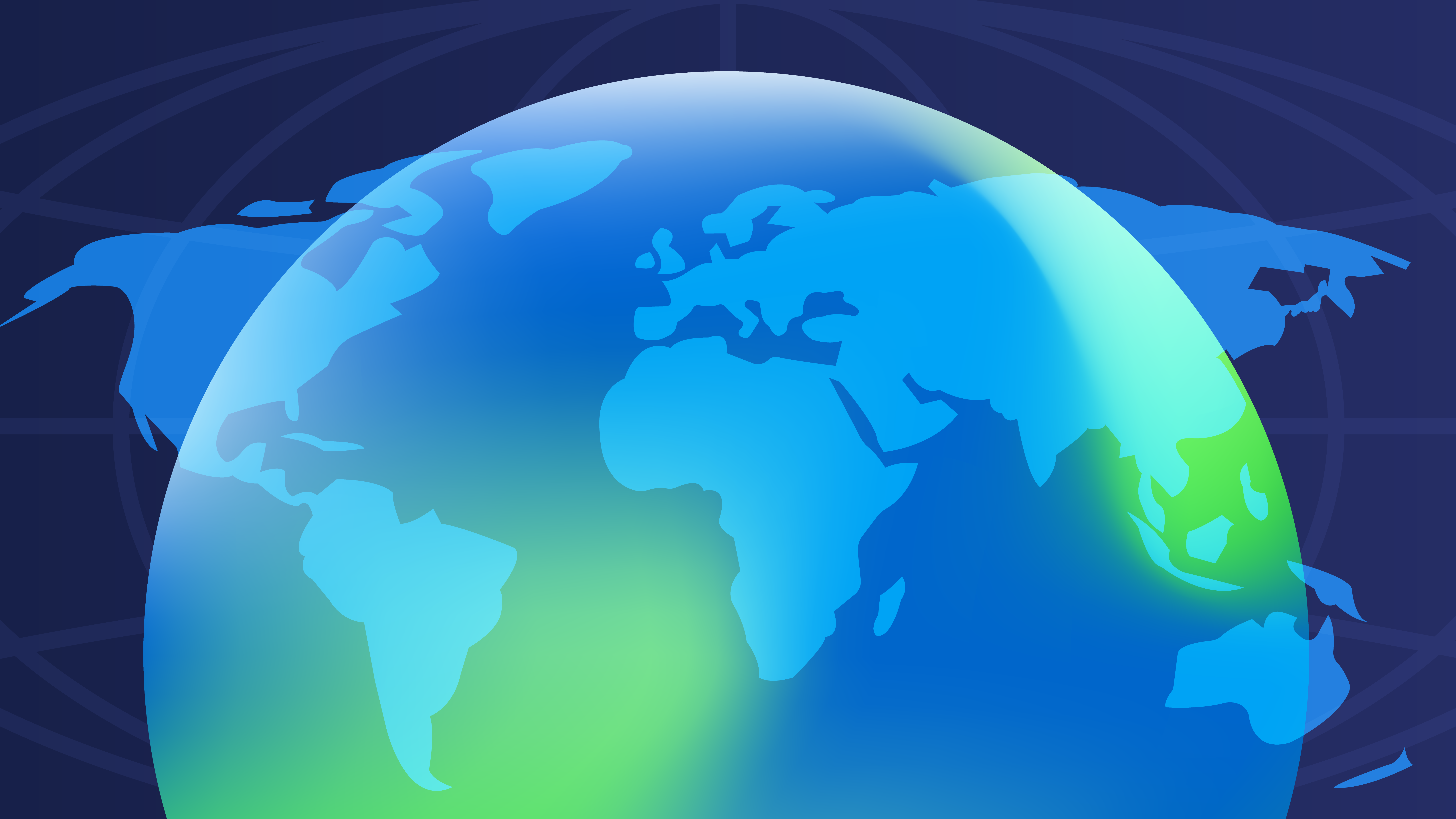 Abstract neon green and blue gradient globe with continental overlays.