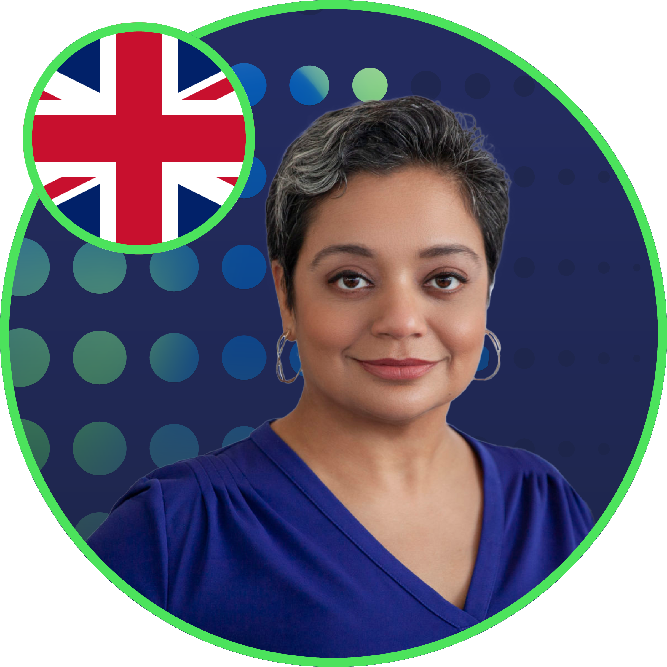 Manisha Mehrotra headshot against global halftone background and UK flag.