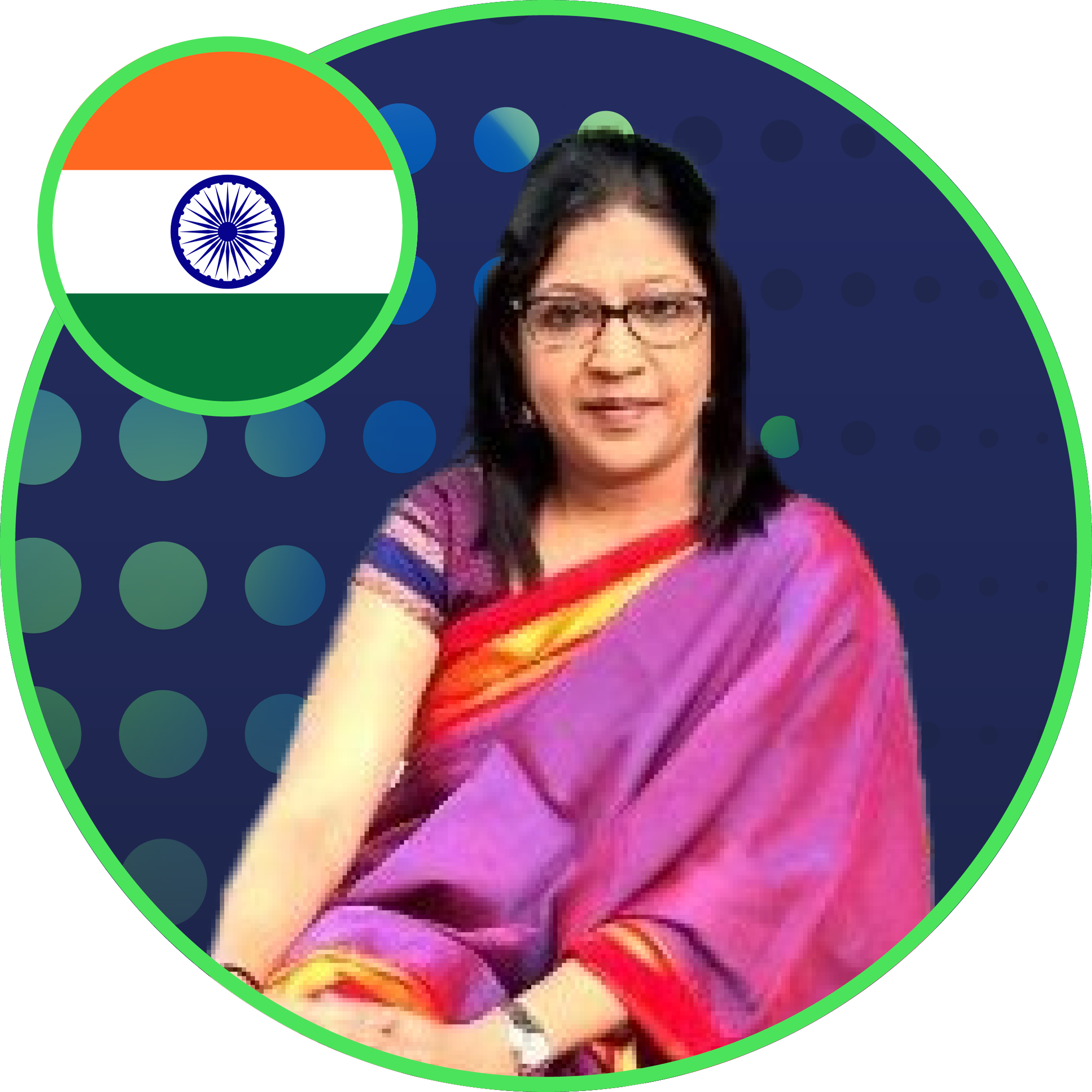 Vani Seshadri headshot with traditional clothing, against a global halftone background with the India flag.