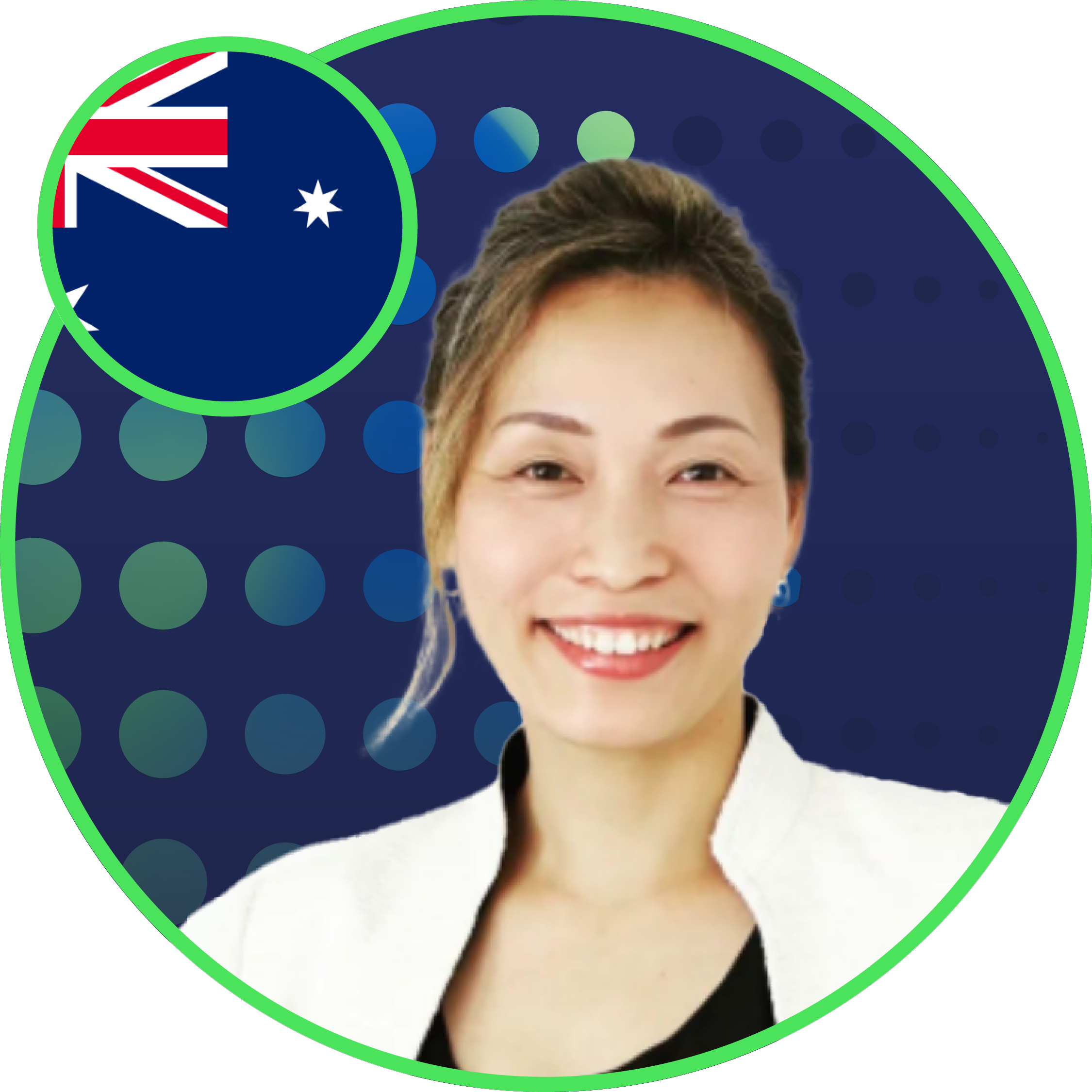 Jo Keiko Terasawa headshot against global halftone background and Australia flag.