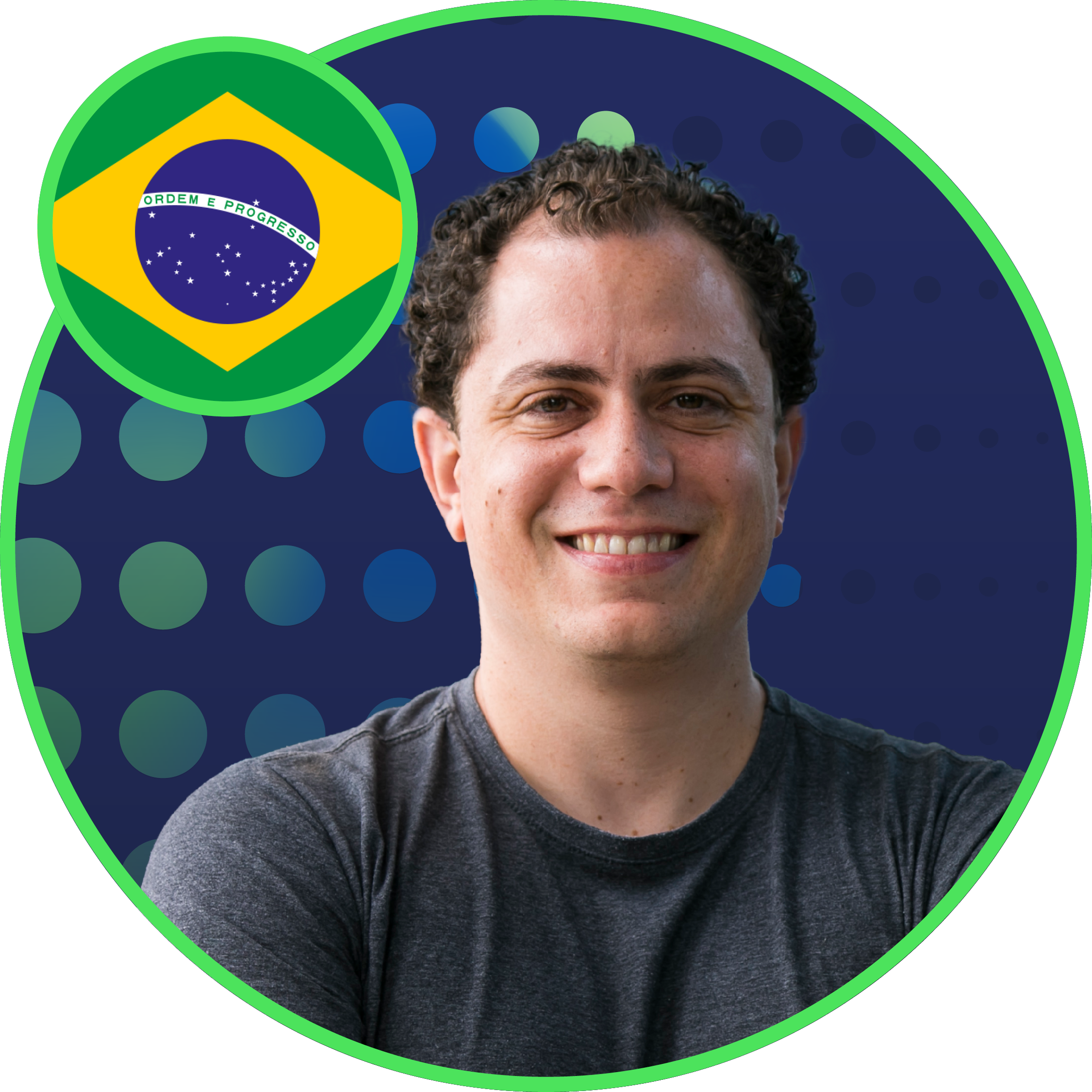 Bernardo Barlach headshot against global halftone gradient and Brazil flag.