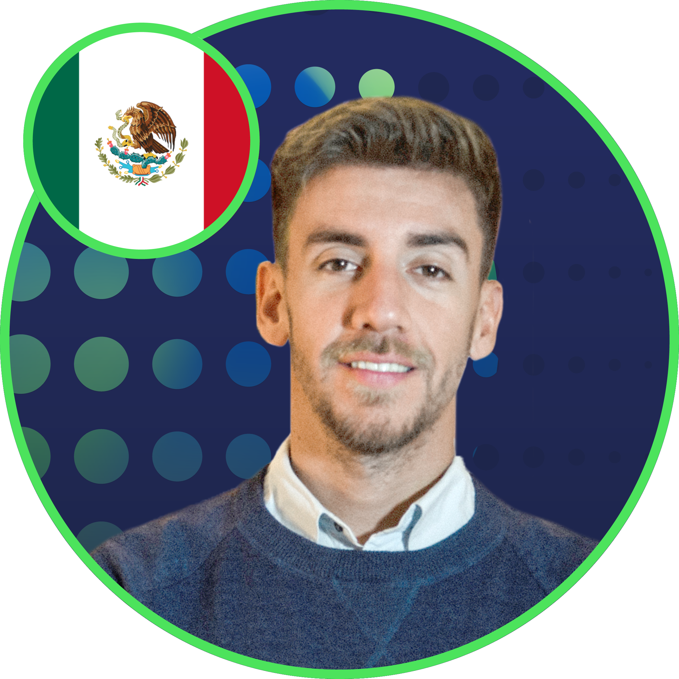 Ezequiel Massa headshot against global halftone background and Mexico flag.