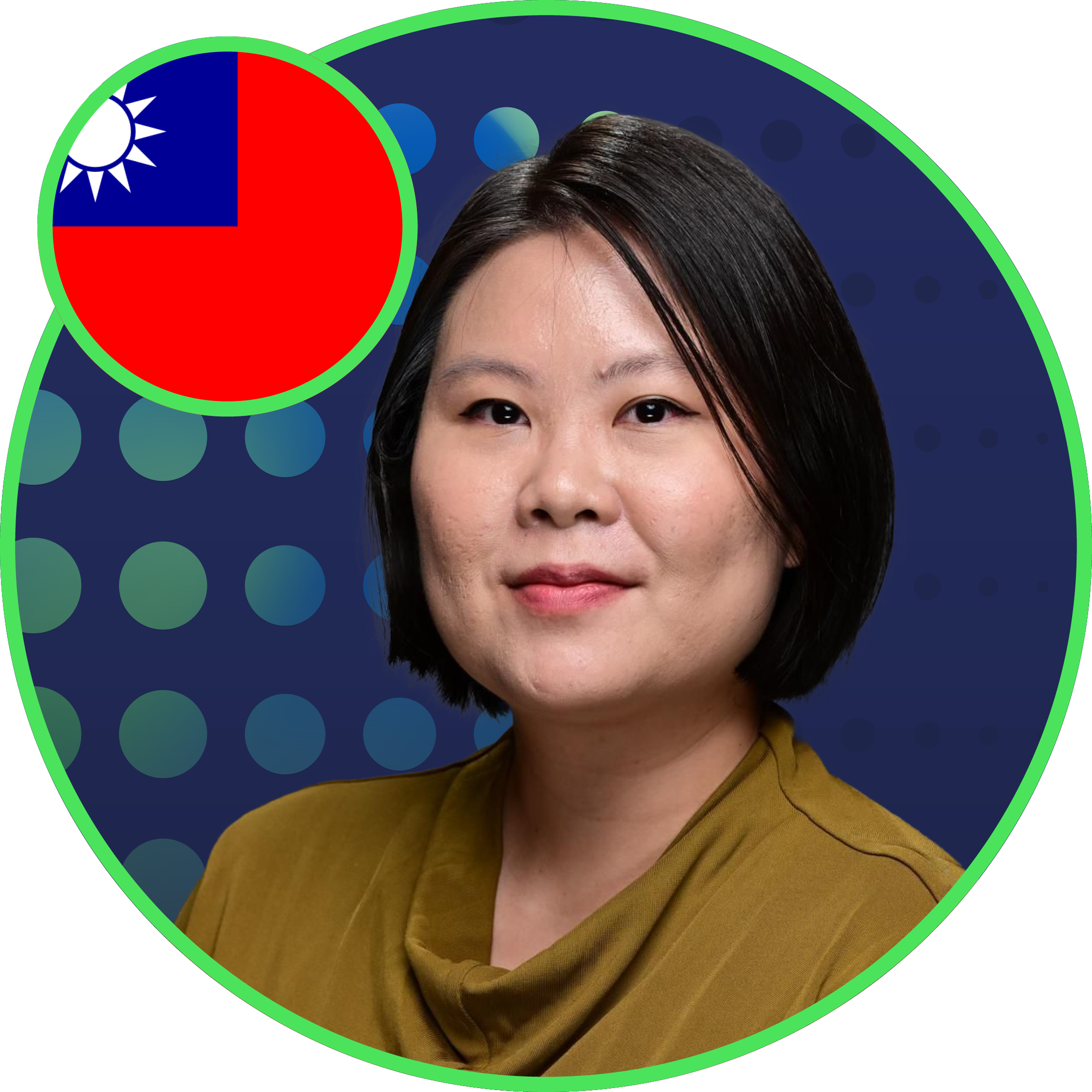 Ching-Shiuan Jiang headshot against halftone gradient and Taiwan flag.