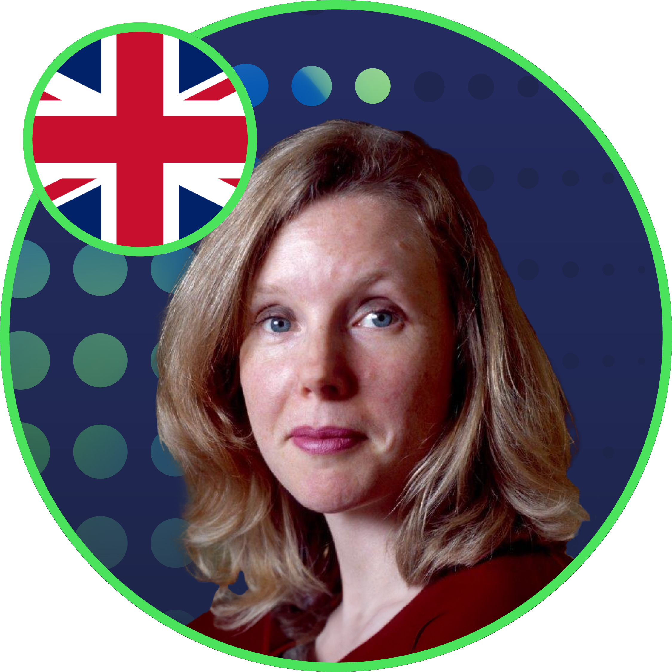 Joanne (Jo) Watson headshot against halftone global gradient with the UK flag.