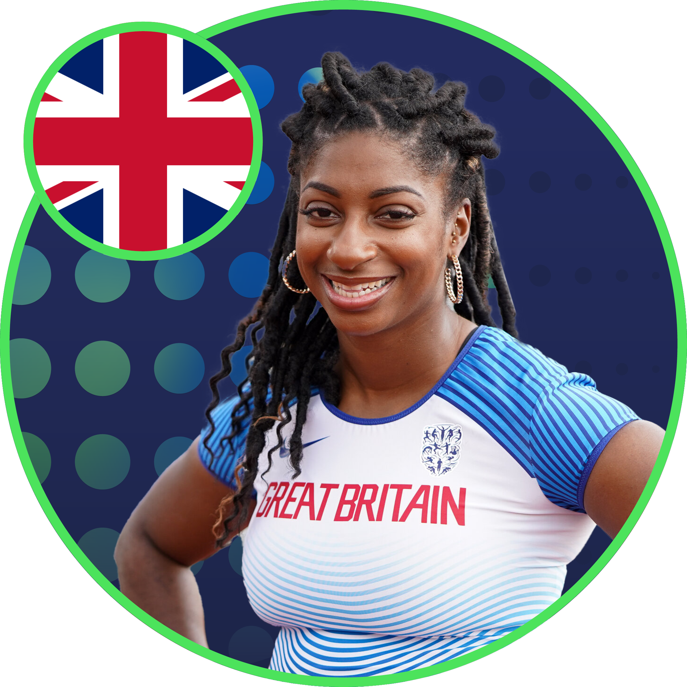 Kadeena Cox from Great Britain smiling and placing her hands on her hips. In the background is a green to blue gradient halftone pattern.