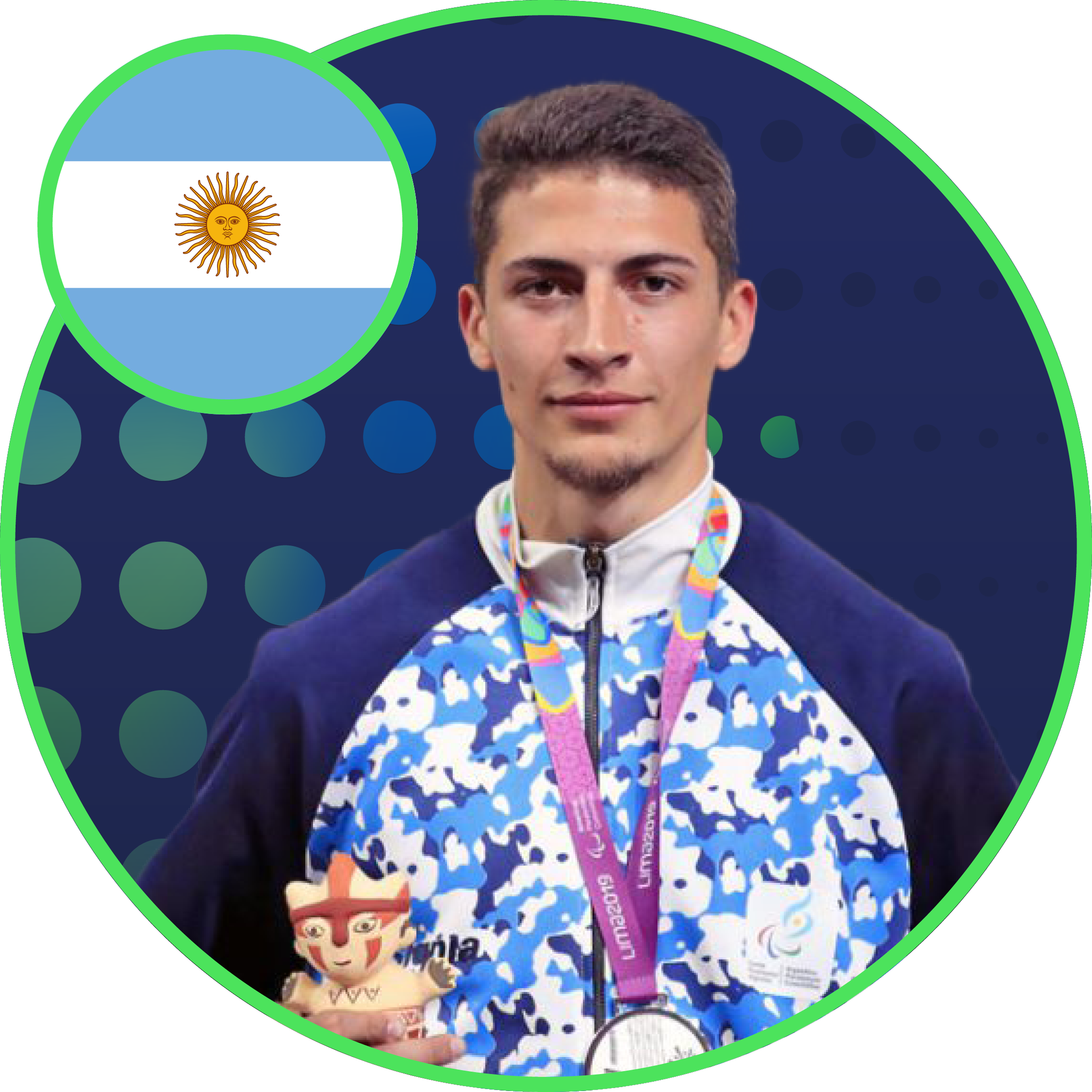 Brian Impellizzeri from Argentina wears an awards medal and holds a figurine. In the background is a green to blue gradient halftone pattern.