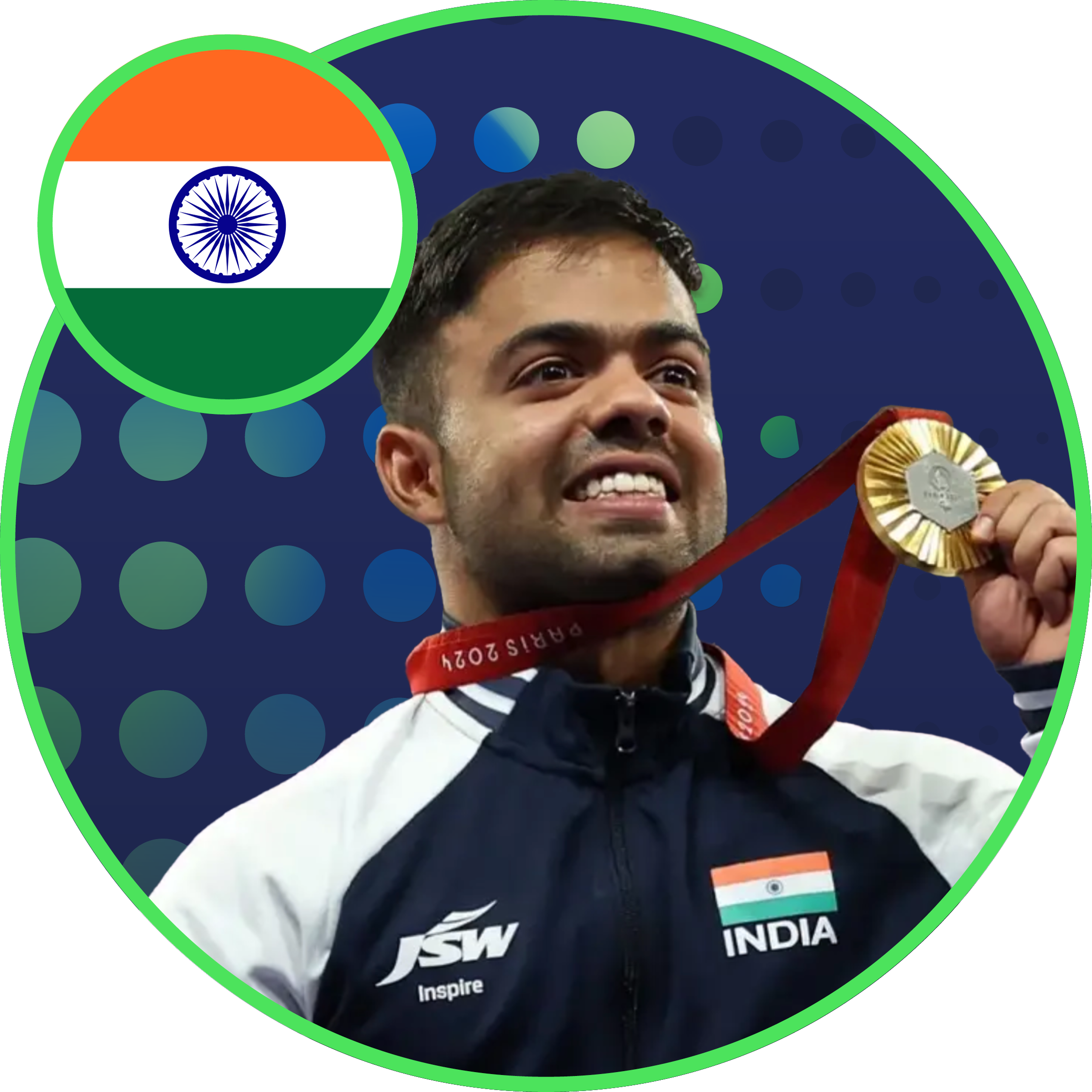 Navdeep Singh from India is smiling and holding his awards medal in the air. In the background is a green to blue gradient halftone pattern.