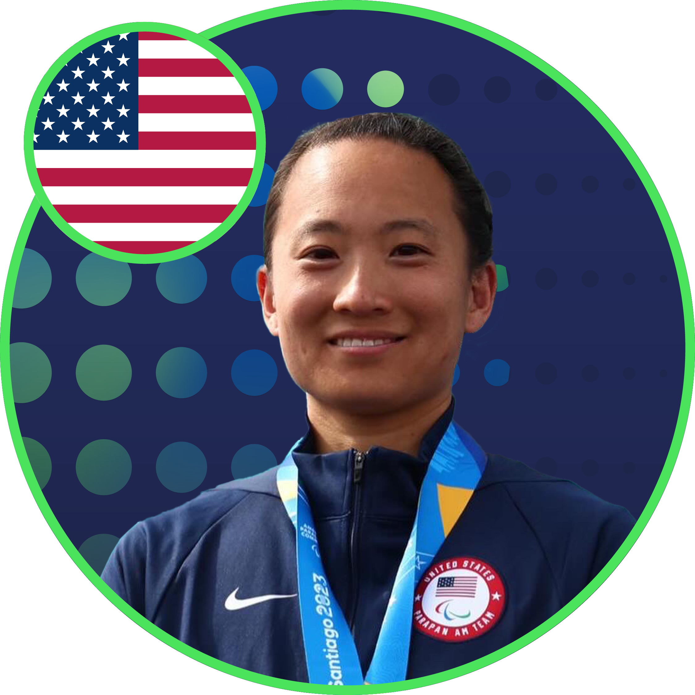 Taylor Swanson from the United States is smiling and wearing an awards medal. In the background is a green to blue gradient halftone pattern.