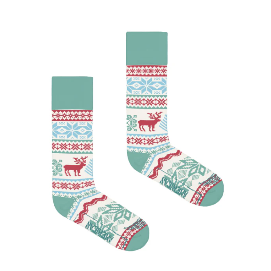 Authentically American Christmas Socks in Fair Isle pattern with mint green and red accents.