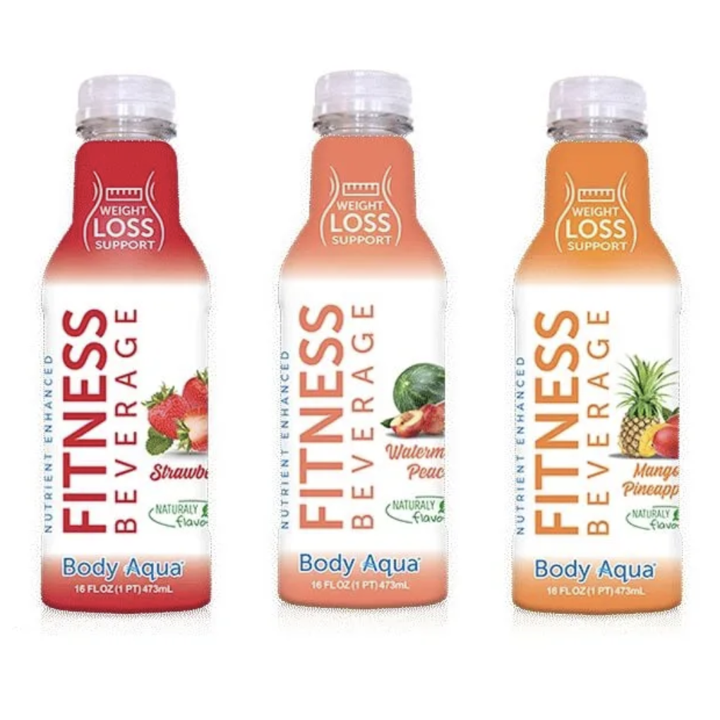 Body Aqua Fitness Water in three flavors: Strawberry, Watermelon Peach, and Mango Pineapple.