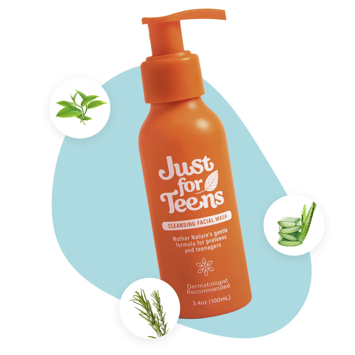 Just for Teens orange pump bottle of cleansing facial wash. Light blue shape background with aloe and rosemary leaves.