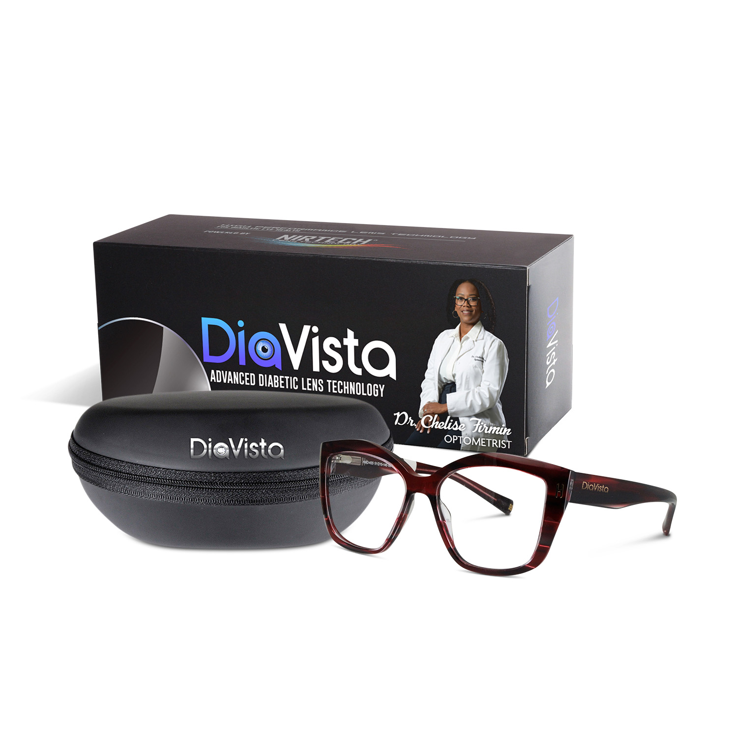 LensRxLab DiaVista Eyewear Package with fashionable glasses, case, and DiaVista Technology.