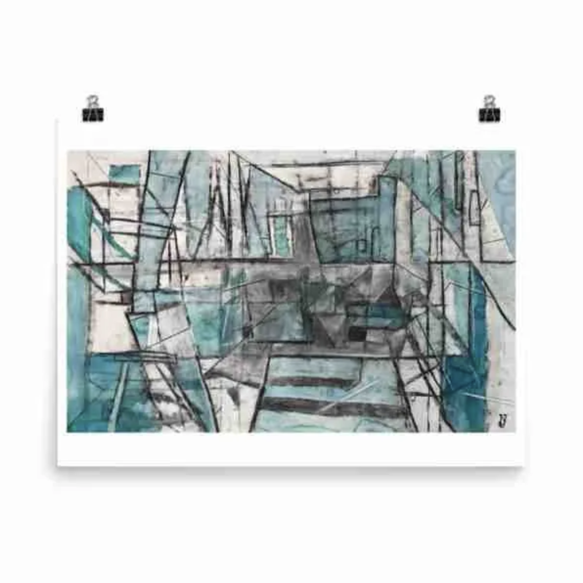 Abstract print of dark lines with teal and white portions.