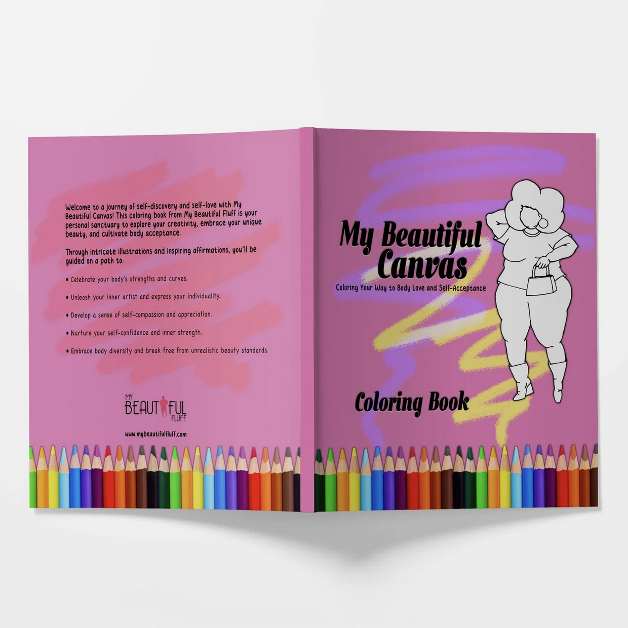 My Beautiful Fluff My Beautiful Canvas Coloring Book. Pink book with coloring pencil border.