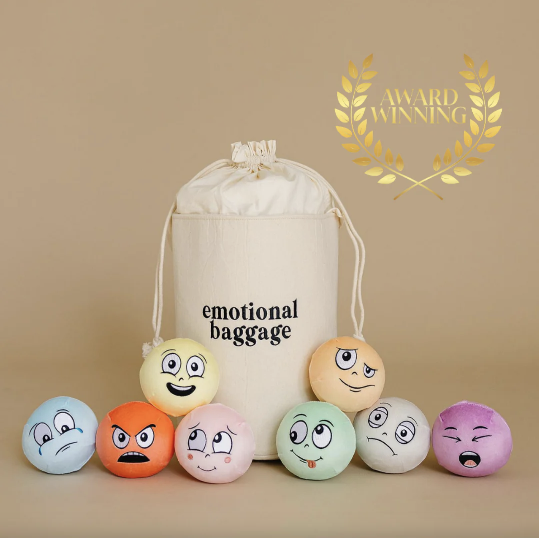 Solobo Award-Winning Emotional Baggage, containing a canvas bag with eight different emotions.