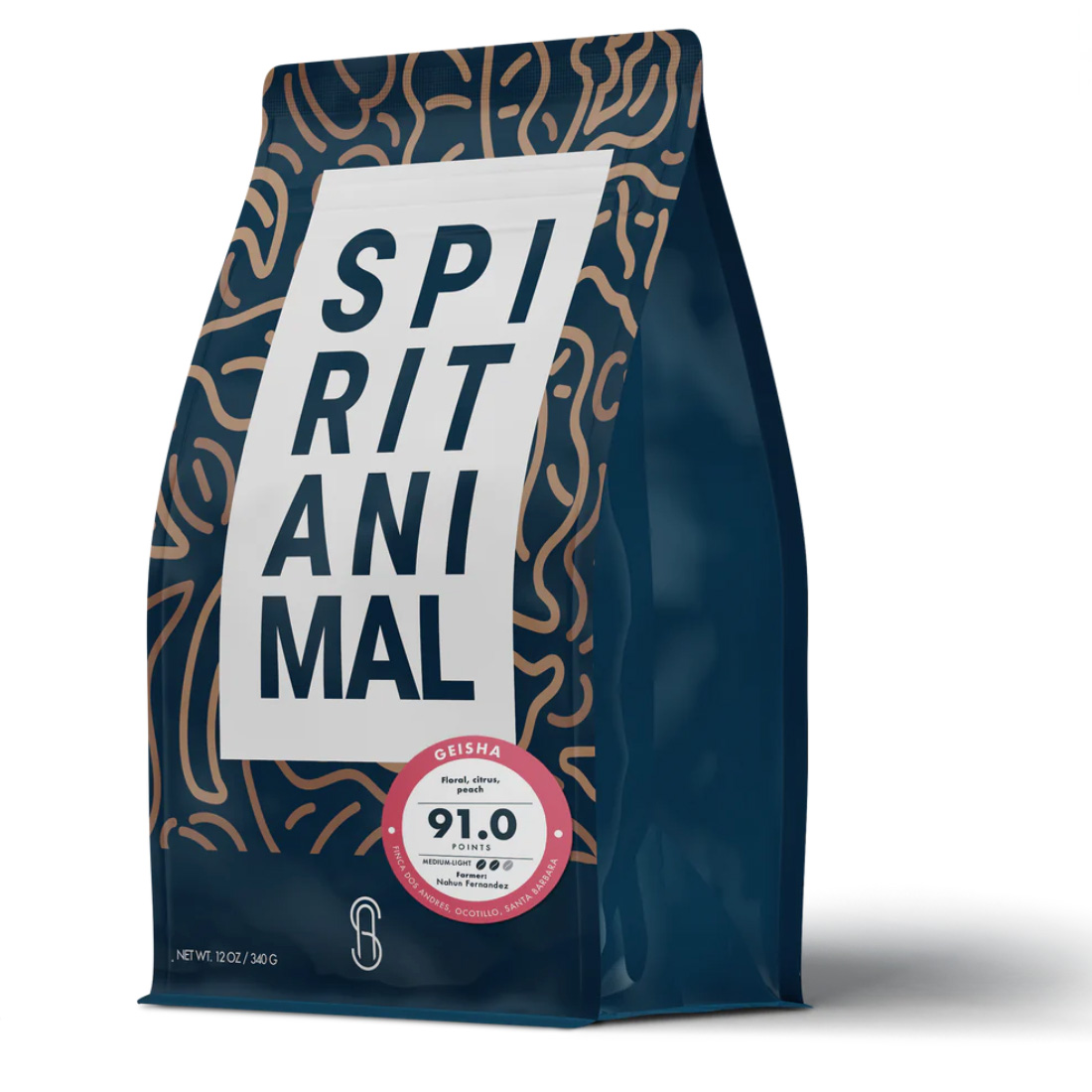 Spirit Animal Geisha Coffee – Floral, citrus, peach. 91.0 points. Packaged in navy blue with abstract tan lines.