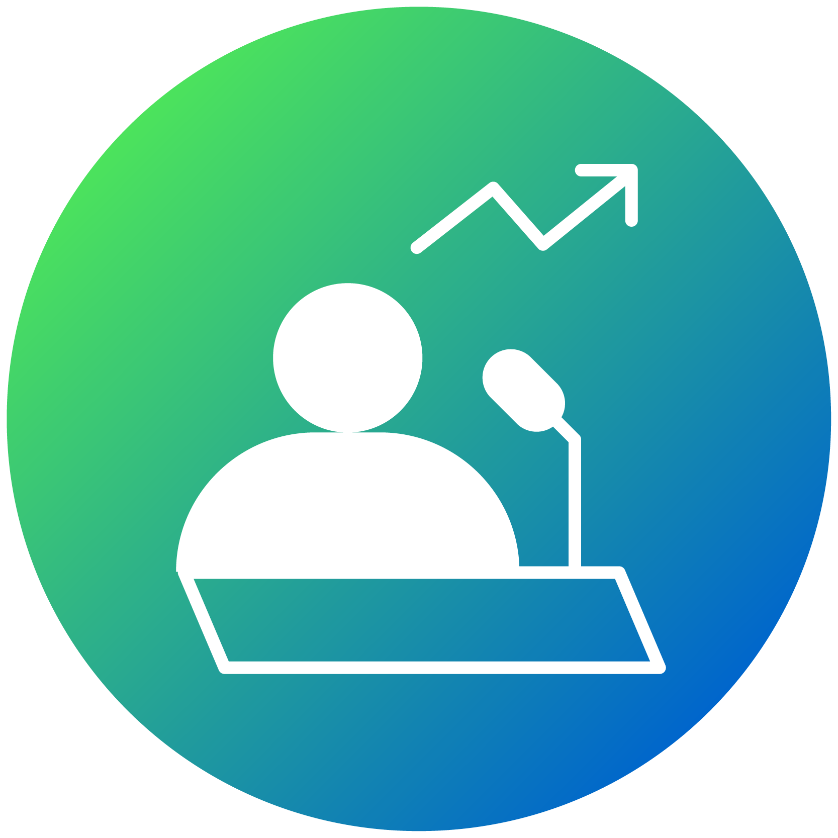 Board member at podium with line graph going upwards against circle gradient background.