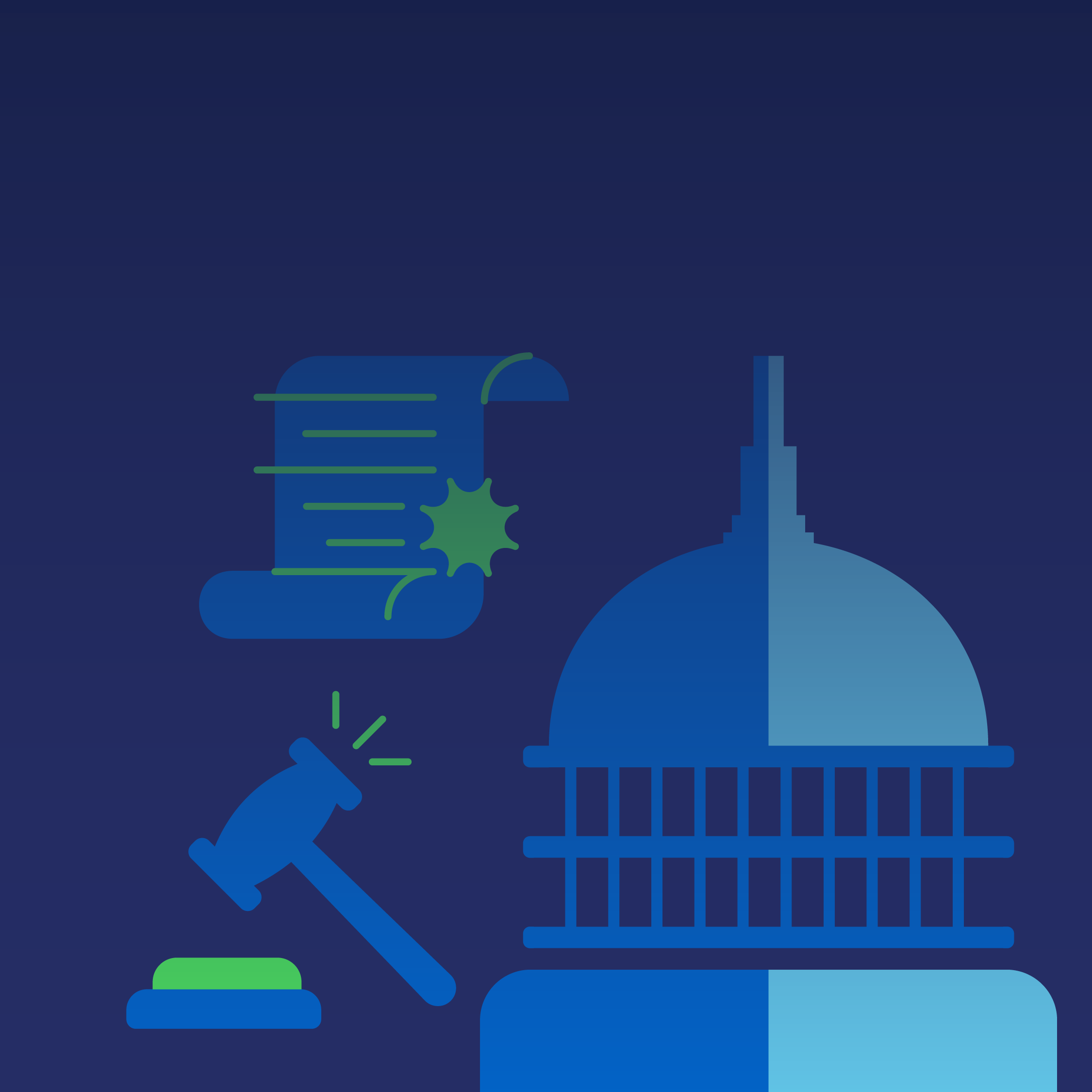 Legal document, courthouse, and gavel in blue and neon green against navy blue background.