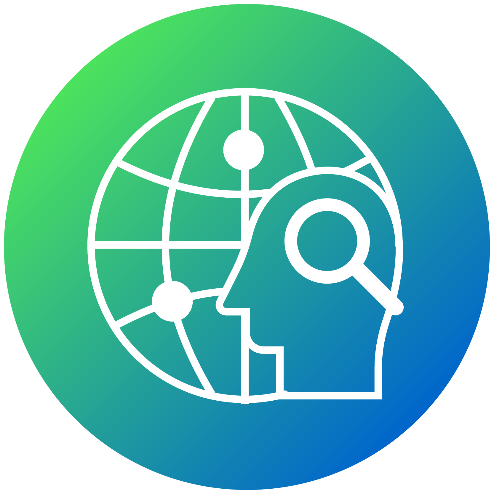 Icon of silhouette and magnifying glass with network against gradient circle background.